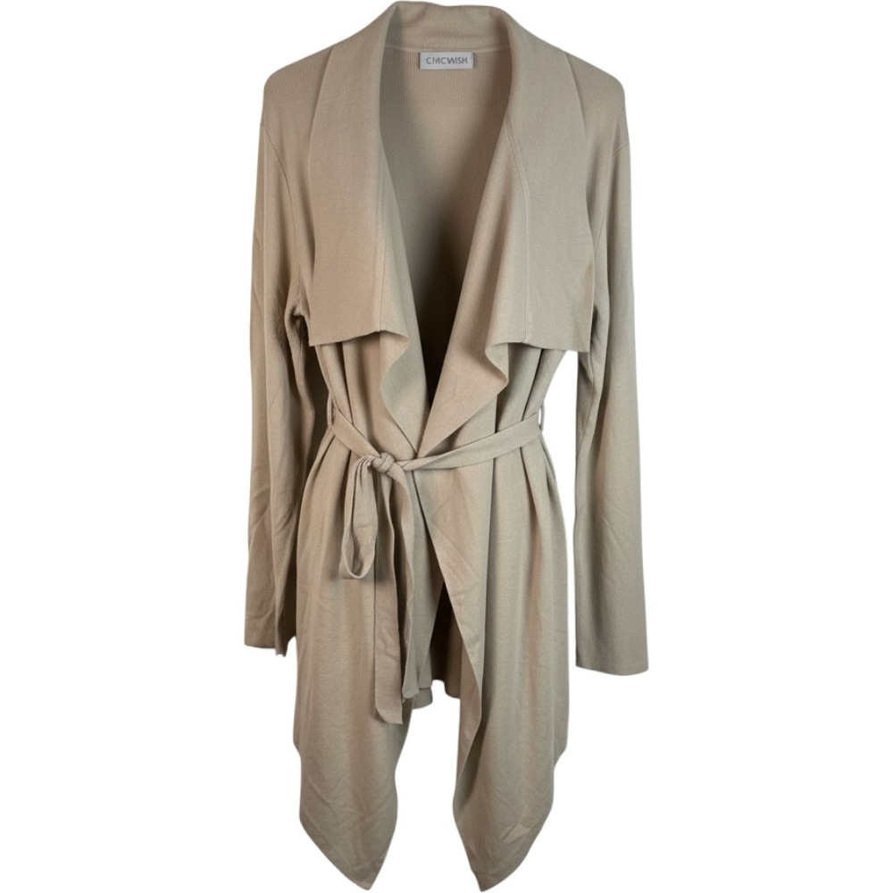 CHICWISH Cardigan Womens Beige Waterfall open belt Minimalist  Acrylic Knit NEW
